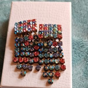 Red and Blue Geometric Earrings with Rhinestones